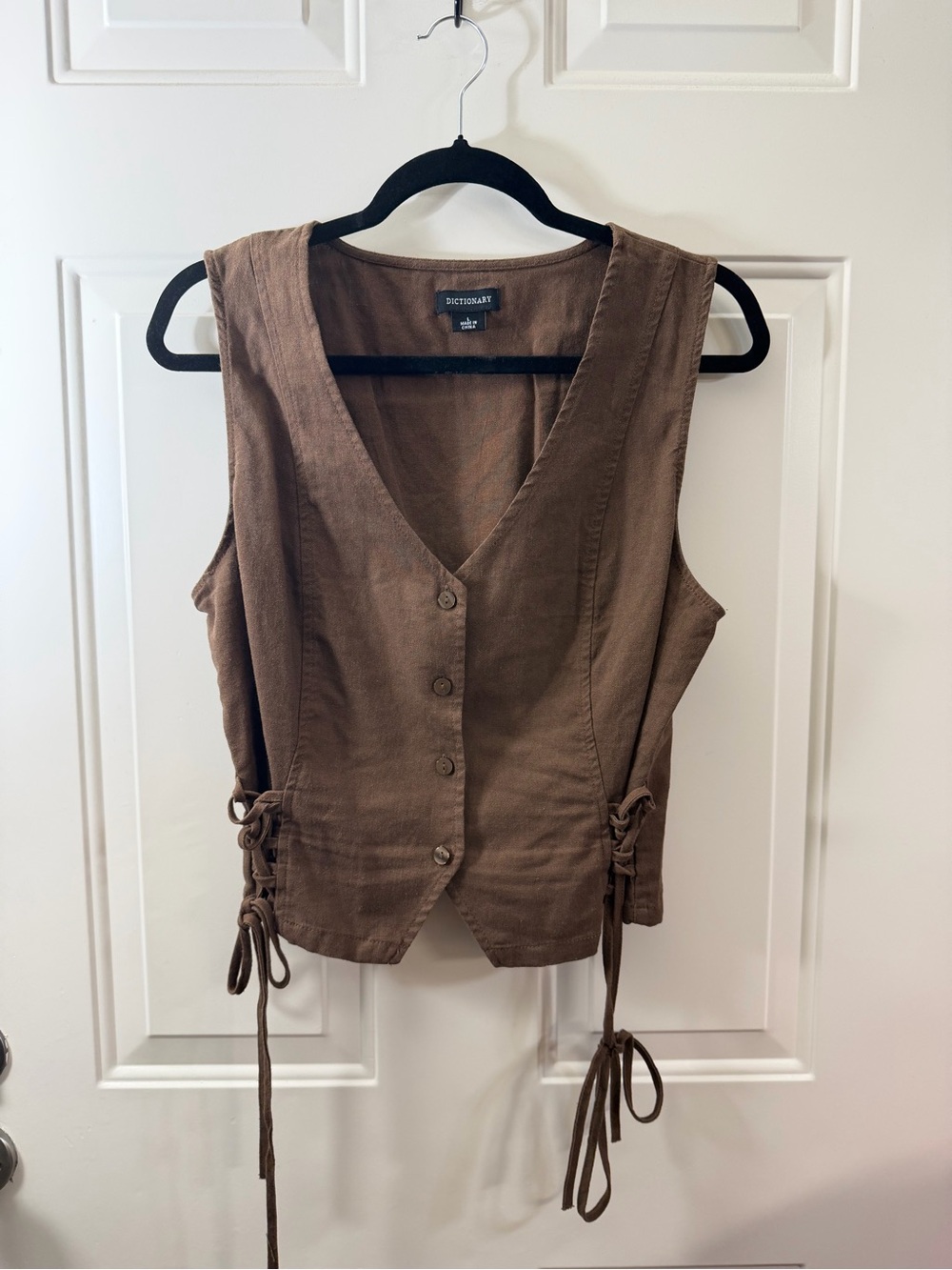 Dictionary Vest Women’s Large Brown Lace Up Side Tie Button Boho Y2K 0376